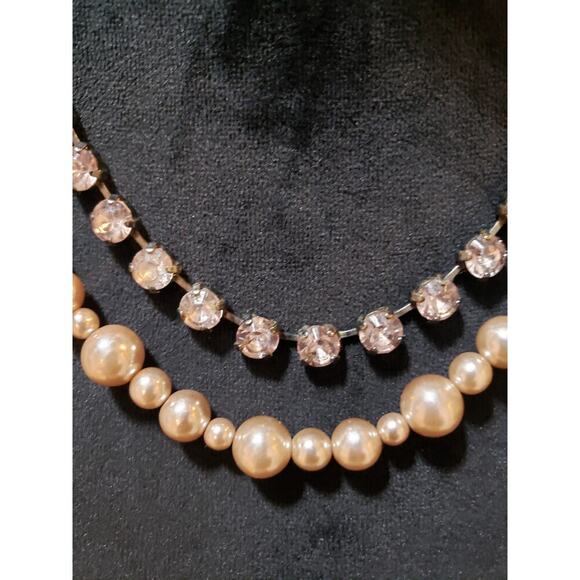 Womens 2 Strand Faux Pearl Rhinestone Trim Bling Chain Necklace w/ Spring Clasp - Picture 3 of 6